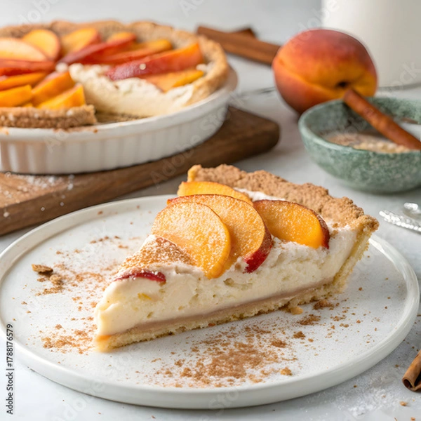 Obraz Delicious fresh peach tart slice dusted with cinnamon and powdered sugar, perfect for summer desserts and baking inspiration.