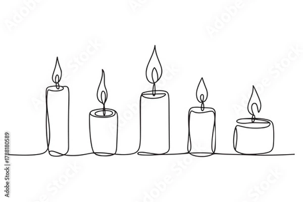 Fototapeta Single line art of multiple candles with fire flame simple outline illustration on white background

