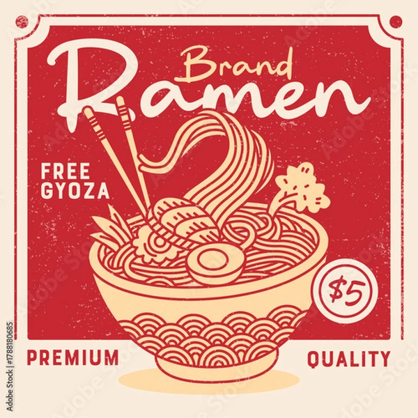 Obraz Vintage ramen poster design featuring steaming bowl with noodles and toppings in retro Japanese style. Illustration with distressed texture for restaurant branding and menu design.