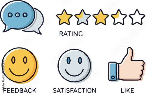 Fototapeta Create Review icon set. Containing feedback, rating, satisfaction, like icons. Vector illustration on white background.