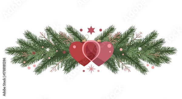 Obraz A beautiful festive Christmas garland featuring lush green fir branches adorned with two loving red heart ornaments and delicate pink accents, perfect for holiday celebrations.