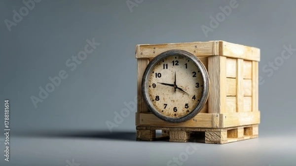 Fototapeta Tariff Impact. A wooden clock inside a crate, showcasing unique design and craftsmanship.