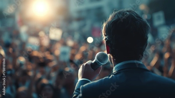 Fototapeta Tariff Impact. A speaker addresses a large crowd, holding a microphone, with sunlight illuminating the scene.