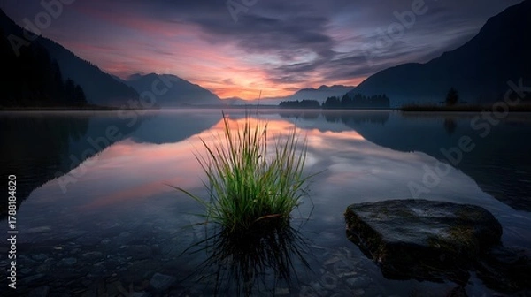 Obraz Lake reflection at sunrise in mountain landscape