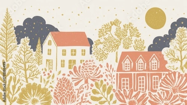 Fototapeta Vintage Illustration of a Charming Village with Houses, Trees, Flowers, Moon and Stars in Warm Earthy Tones, Ideal for Wallpaper, Poster, Home Decor and Design Inspiration