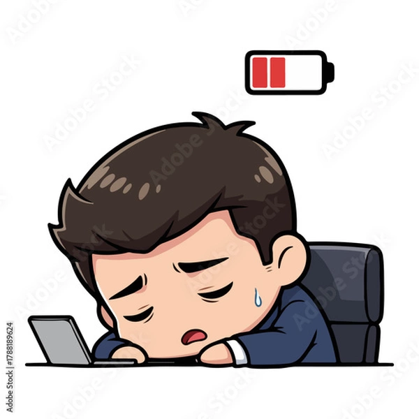 Obraz Exhausted Businessman Sleeping on Laptop with Low Battery Indicator Overhead