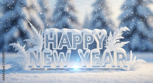 Fototapeta Happy new year text covered in snow with winter trees in the background on a bright snowy day outdoors