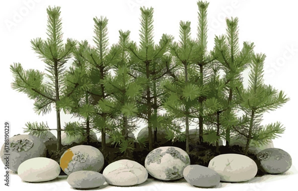 Fototapeta Create Small pine trees and stones on white background.