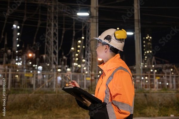 Fototapeta Engineers Conducting Night Inspection at Refinery