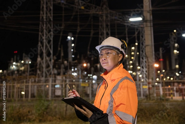 Obraz Engineers Conducting Night Inspection at Refinery