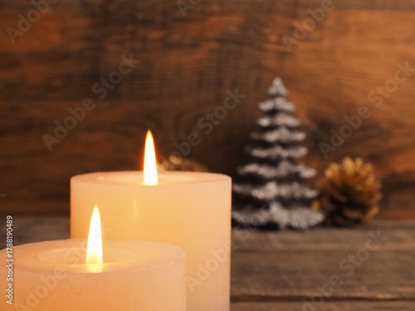 Obraz Second Advent candles burning with Christmas decoration on wooden background