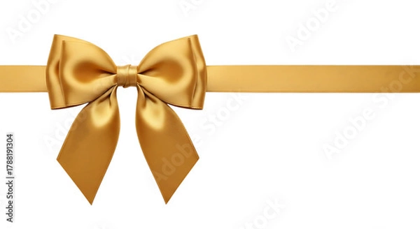 Fototapeta Elegant golden satin ribbon tied into a decorative bow on a solid black background for celebration
