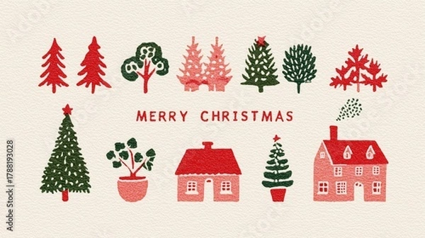Fototapeta Christmas Vintage Illustration with "Merry Christmas" Text, Various Trees, Houses and Plants in Textured Art Style, Ideal for Holiday Wallpaper, Poster, Greeting Card and Design Inspiration