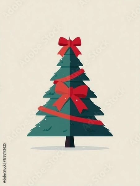 Fototapeta Christmas Modern Minimalist Illustration of a Tree with Red Bows and Ribbons, Ideal for Holiday Wallpaper, Poster, Decor and Design Inspiration