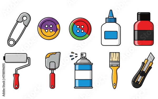 Obraz Craft Supplies Collection Safety Pin, Buttons, Glue, Paint, Roller, Spatula, Spray Paint, Brush,