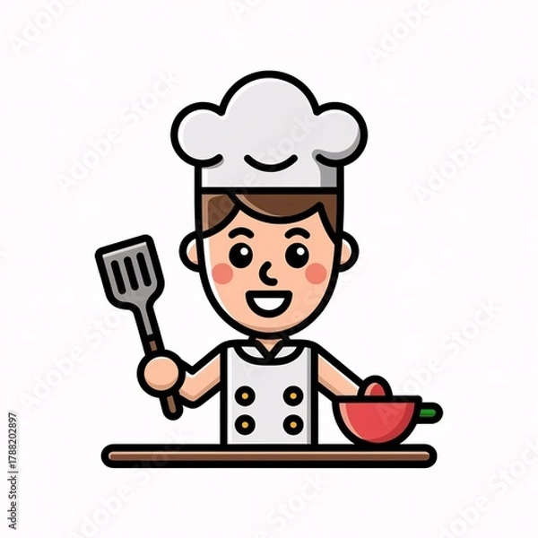Fototapeta Cartoon Chef Character Illustration with Spatula and Bowl.