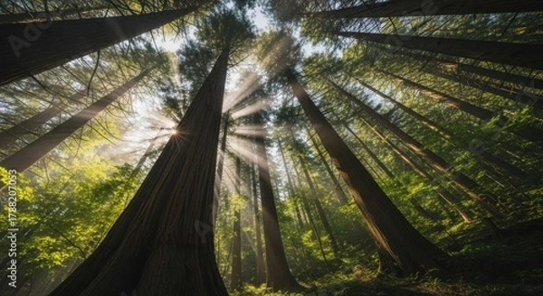 Fototapeta Low-angle shot of tall trees in a forest with sunlight streaming through the canopy