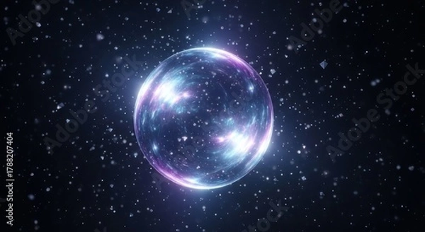 Fototapeta Luminous orb with cosmic swirls, surrounded by tiny specks against a dark background