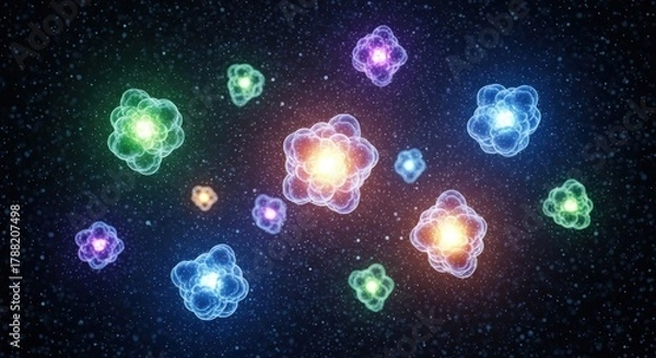 Fototapeta Luminous, stylized atomic structures float against a dark star-filled background