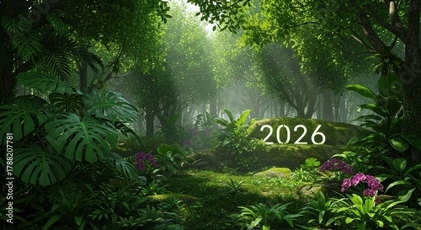Fototapeta Lush forest scene with sunlit path, ferns, and a rock displaying "2026