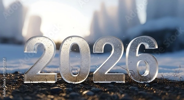 Fototapeta Clear glass numbers forming the year two thousand and twenty six on a rocky surface outdoors