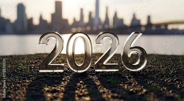 Fototapeta Silver year two thousand twenty six on ground with city skyline and water in the background at sunset