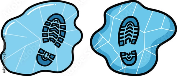 Fototapeta Footprints on icy puddles with cracked ice design  