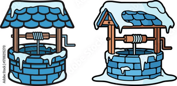 Fototapeta Two cartoon wells covered with snow in winter landscape  