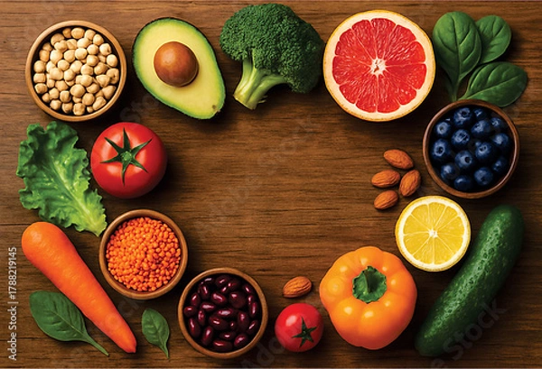 Fototapeta A vibrant, overhead flat lay of healthy, colorful ingredients artfully arranged on a rustic wooden table, with space for text overlay, emphasizing fresh food and wellness.