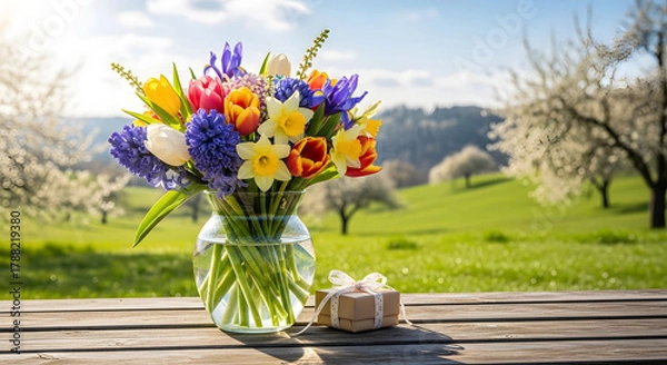 Fototapeta Vibrant spring bouquet of tulips daffodils and hyacinths in a glass vase on a wooden table with a small gift box outdoors