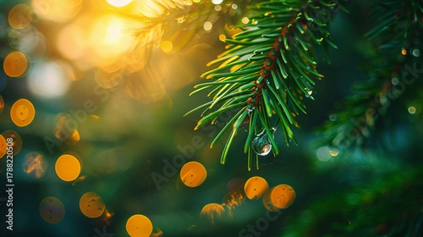 Fototapeta Nature's Treasures: Dewdrops on Pine Needles with Warm Light Bokeh