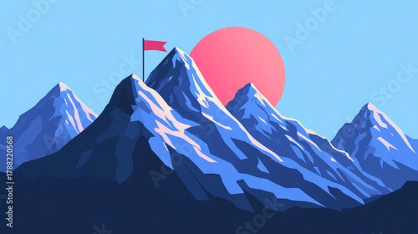 Fototapeta Abstract Mountain Landscape with Flag and Sun