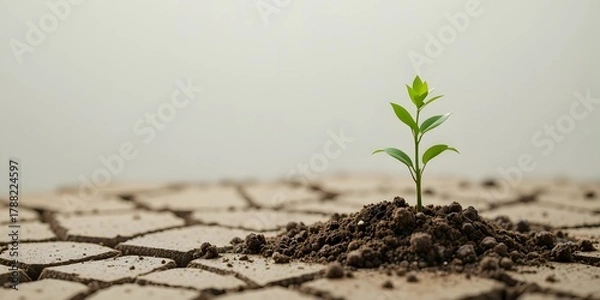 Fototapeta Green Seedling Growing from Dried Soil in Harsh Environment