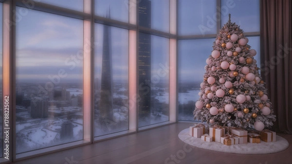 Fototapeta Festively decorated Christmas tree adorned with pink and gold ornaments stands in a modern high-rise apartment, showcasing a stunning city skyline view through large glass windows