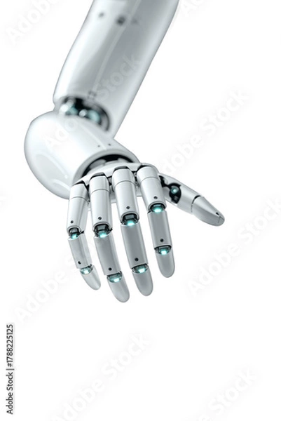 Fototapeta Futuristic humanoid robot hand extended with illuminated fingertips, shown against a transparent background, to emphasize advanced sensor technology and sleek industrial design.