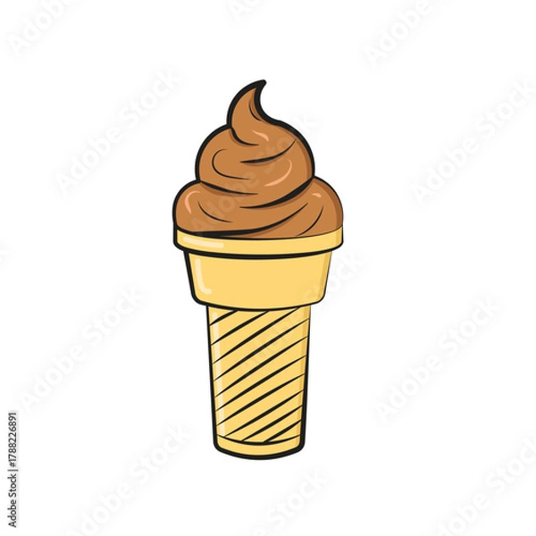 Obraz Cartoon Soft Serve Ice Cream Cone Isolated on White. Sweet Chocolate Dessert Vector Illustration. Hand Drawn Style Summer Treat Clipart.