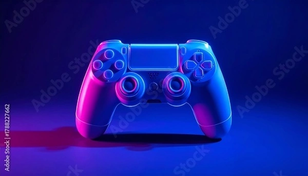 Fototapeta Vibrant neon illuminated game controller for immersive console gaming experience on a dark blue background, showcasing modern technology and entertainment with glowing aesthetic