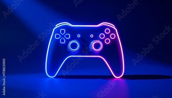 Fototapeta Neon game controller glowing in the dark, symbolizing video gaming and digital entertainment with vibrant blue and pink lights