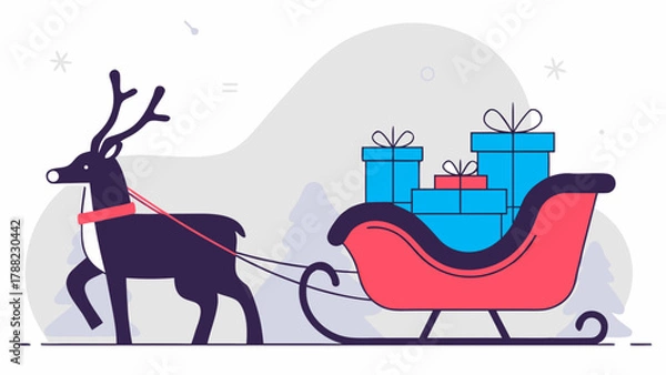 Fototapeta A reindeer pulling a sleigh full of christmas gifts in a winter wonderland illustration design style