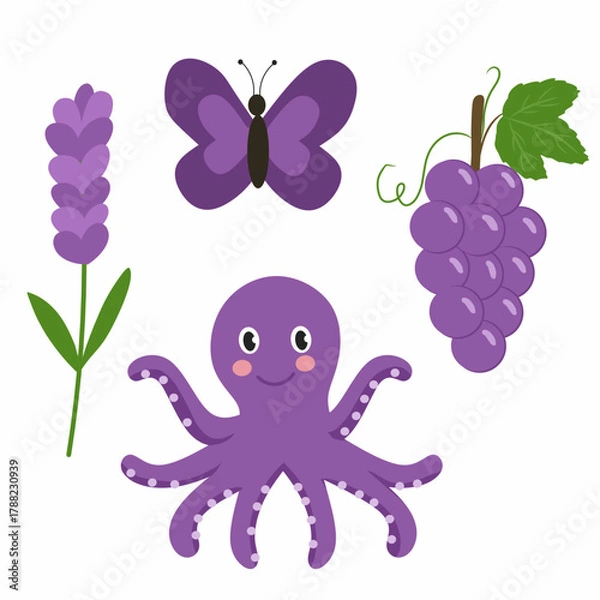 Fototapeta Educational illustration showing purple objects for color learning. Includes octopus, butterfly, lavender, and grapes. Great for preschool color education, printable worksheets, and classroom resource