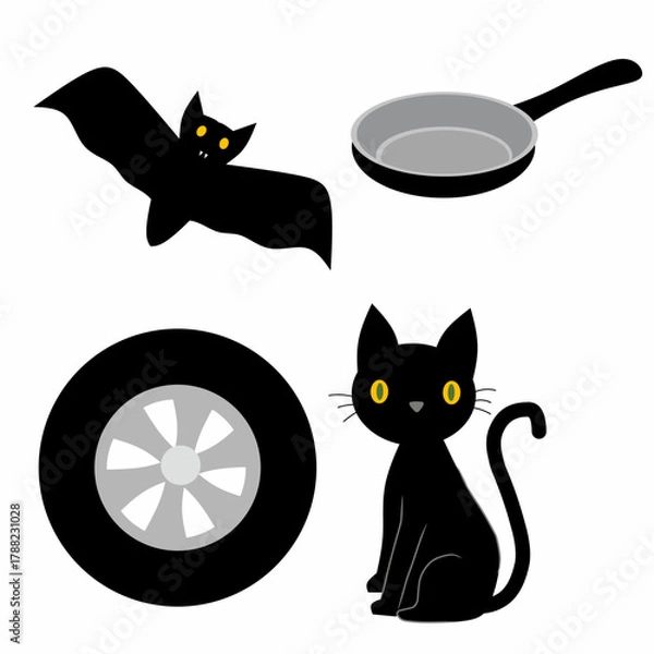 Fototapeta Educational illustration showing black objects for kids to learn colors. Includes bat, cat, tire, and frying pan. Perfect for preschool color learning, classroom posters, and printable worksheets.
