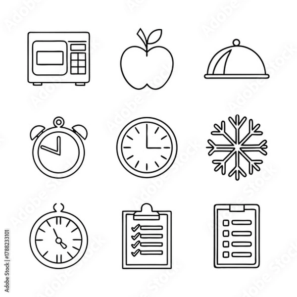 Fototapeta Outline icons for food, time, weather, and business concepts