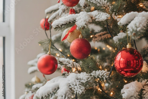 Obraz Close-Up of Red Christmas Ornaments on Snowy Tree Branches