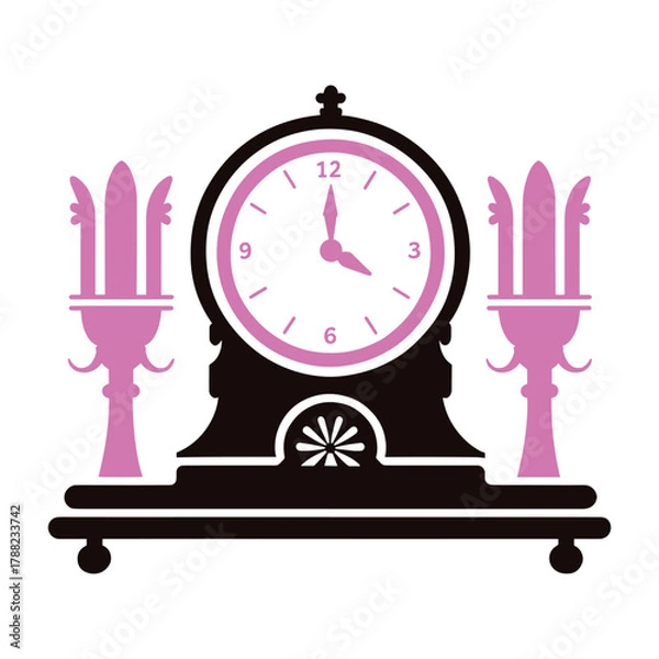 Fototapeta Stylized pink and dark brown vintage mantel clock illustration vector