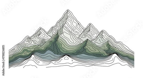 Fototapeta Stylized mountain range illustration with contour lines and soft color gradients for graphic
