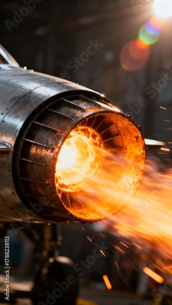 Obraz Close-up of jet engine exhaust showcasing bright flames and sparks, creating a dramatic effect. Great for industrial and aviation visuals.