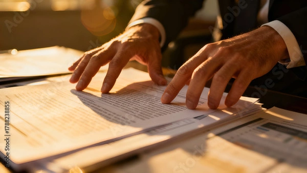Obraz Close-up of hands organizing documents on a desk, bathed in warm sunlight, ideal for business-related content or professional articles.