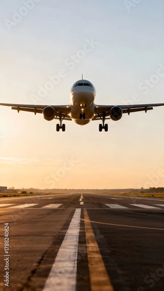 Obraz An airplane approaches the runway during sunset, showcasing its landing gear and the runway markings in the foreground.