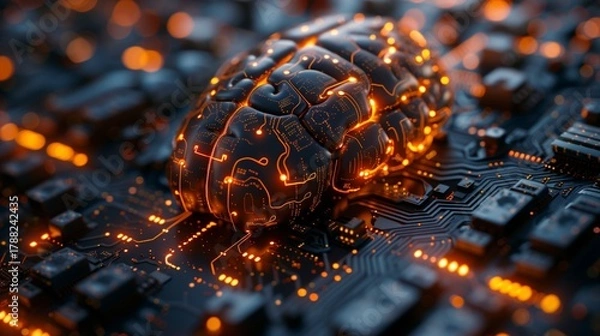 Fototapeta Futuristic glowing brain integrated with circuitry resting on electronic motherboard symbolizing artificial intelligence and machine learning