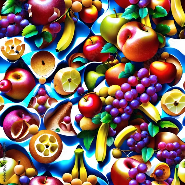 Fototapeta Vibrant fruit arrangement showcasing a variety of apples, grapes, bananas, and citrus in a colorful design
